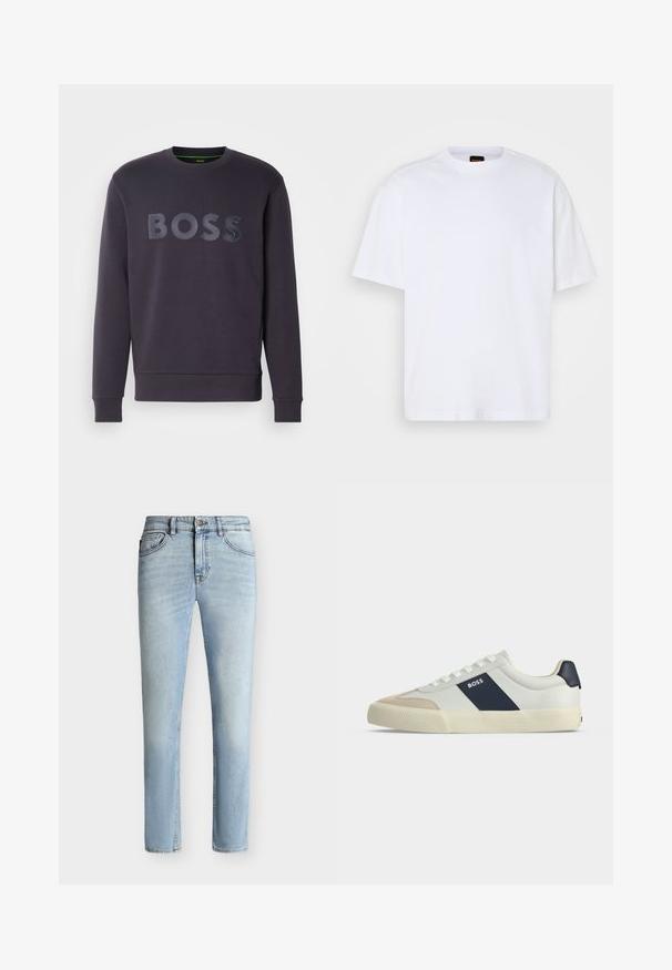 Sweatshirt marine foncé avec col rond et manches longues. L'avant présente un logo "BOSS" en relief de couleur assortie. Matière douce.; T-shirt en coton blanc avec un col rond, des manches courtes et une coupe décontractée. Les coutures épaules texturées ajoutent un détail supplémentaire.; Jean slim bleu clair en denim avec bouton et fermeture éclair à l'avant, design cinq poches et décoloration subtile de la cuisse au genou.; Baskets basses blanches avec bout beige, bande latérale bleu marine marquée BOSS, lacets blancs et semelle en caoutchouc sur fond neutre.