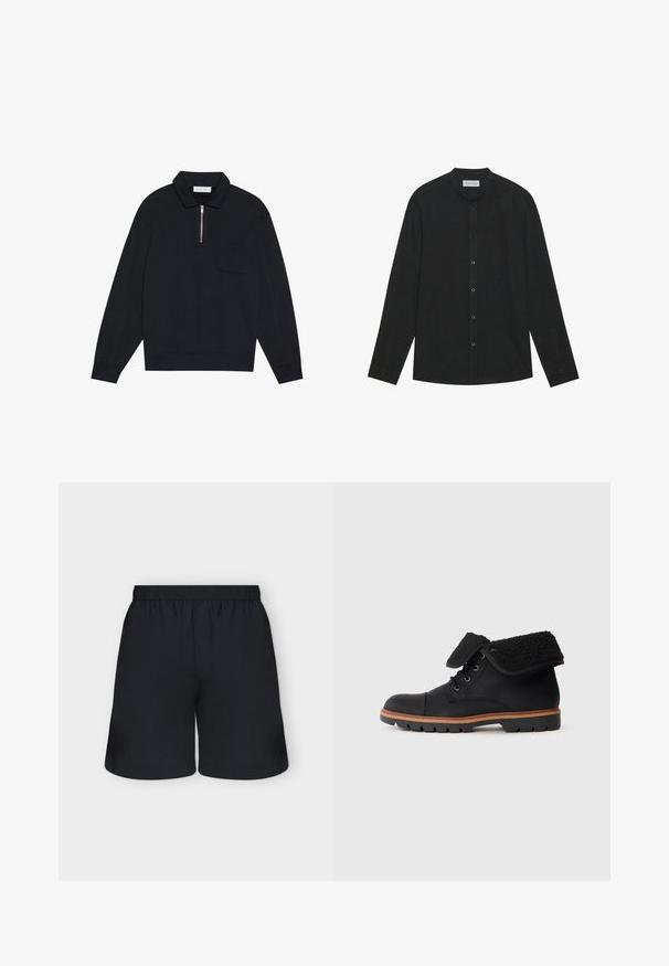 Pier One Sweatshirt - black; Sort skjorte med lange ærmer, mandarin-krave og frontlukning med knapper; lavet af glat, tekstureret stof med en subtil glans.; Sorte shorts med elastisk talje, løs pasform og glat stoftekstur, vist mod en ensfarvet lys grå baggrund.; Sorte læderankelstøvler med en tekstureret finish, der har en foldbar sort fleecesnor, snørelukning foran og en robust gummisål.