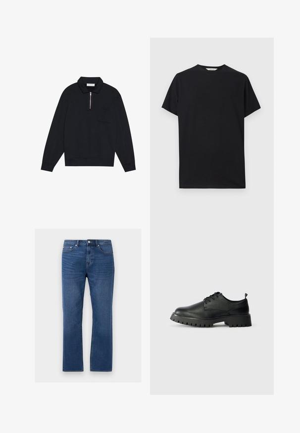 Pier One by Zalando Sweatshirt - black; Sort kortærmet t-shirt lavet af blødt bomuldsstof. Rund halsudskæring med en afslappet pasform, der har rene, enkle linjer og ingen synlige mønstre.; Blå denim-jeans med lige ben, forlommer, bæltestropper og knaplukning på en lys grå baggrund.; Sorte læder snøresko med rund tå, tekstureret overflade og kraftig gummisål med dybe riller for bedre greb.