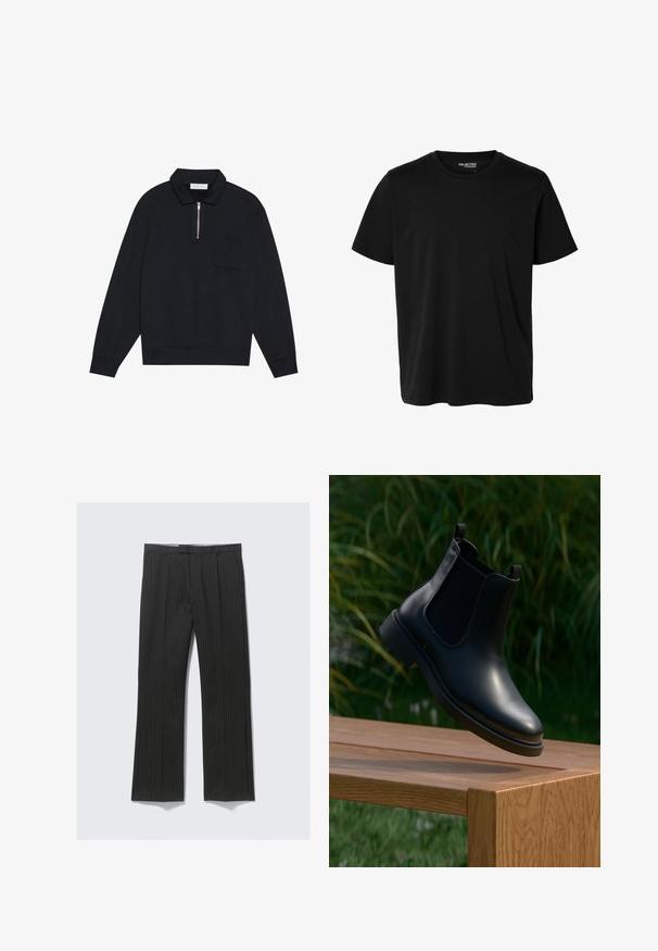Pier One by Zalando Sweatshirt - black; Ensfarvet sort t-shirt med korte ærmer og rund hals, herrepasform, uden synlige mønstre eller logoer foran.; Sort stribede bukser med lige ben-design, der har en glat stoftekstur og to sidelommer.; Sort læder ankelstøvle med elastiske sidepaneler, der svæver over en træbænk, med grønne planter i baggrunden.