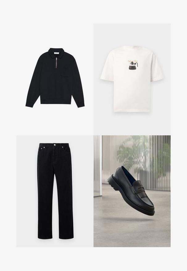 Pier One Sweater - black; Witte katoenen t-shirt met een grafisch ontwerp van een koffiepot en de tekst "Café du Choix" in cursief erboven. Korte mouwen, ontspannen pasvorm.; Zwarte corduroy broek met een recht model, voorzien van een knoop- en rits sluiting, vijf zakken en een zachte, gestructureerde stof.; Zwarte leren loafers met een gladde afwerking, voorzien van een decoratieve band en een gestructureerd paneel aan de voorkant, en een rubberen zool met textuur.