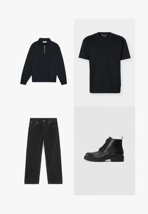 Pier One by Zalando Sweatshirt - black; T-shirt noir à manches courtes avec col rond, coupe décontractée et marquage Marc O’Polo à l'intérieur du col sur un fond uni.; Jean denim noir à jambes droites avec poches avant et arrière, passants de ceinture et fermeture par bouton à la taille.; Bottines en cuir noir à bout rond, avec des lacets à l'avant et une semelle en caoutchouc texturée. Comprend une languette à l'arrière pour un enfilage facile.
