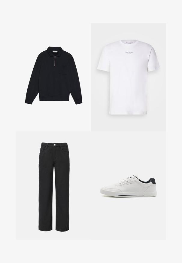 Pier One by Zalando Sweatshirt - black; Hvid kortærmet t-shirt lavet af bomuld med rund hals. Fås med "Marc O'Polo" logo i sort på brystet. Glat tekstur, minimalistisk design.; Sorte bukser med vid ben, lavet af bomuld, med fire lommer, frontlukning med knap og et klassisk denimdesign. Glat tekstur, ingen synlige mønstre.; Hvide sneakers med en glat syntetisk overdel, rund tå, snørebåndsdesign, marineblå accent på hælen og en tekstureret gummisål med en sort stribe.