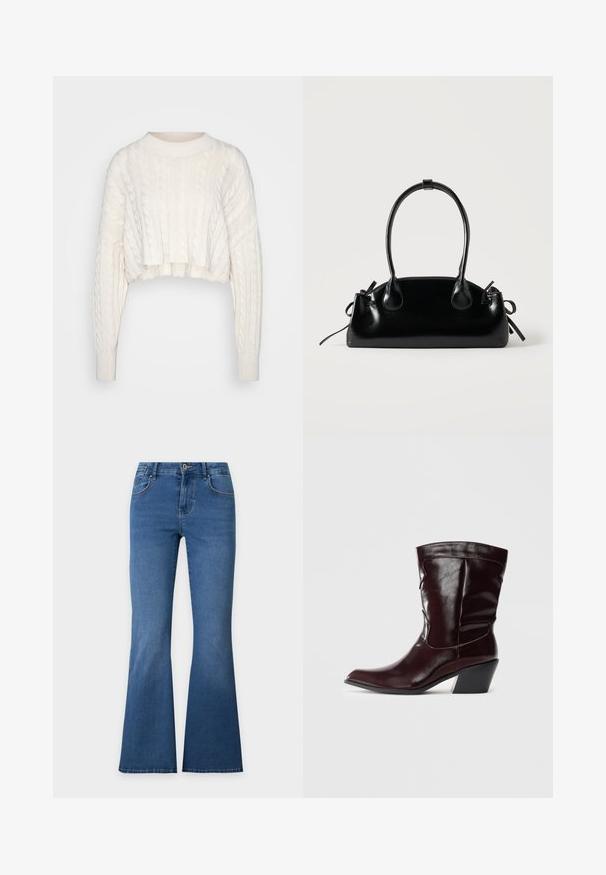 Off-white cropped kabelstrikket sweater med lange ærmer samt ribbet rund halsudskæring og manchetter, præsenteret på en enkel baggrund.; Blå denim jeans med flare-ben, front knap- og lynlås lukning og synlige forlommer på en ensfarvet baggrund.; Bordeaux læder ankelstøvler med spids tå, tekstureret overflade og en lav, taperet hæl. Har diskrete søm og en tætsiddende pasform.; Lille sort blank håndtaske med to lange håndtag og snøre-detaljer i siden på en ensfarvet lys baggrund.
