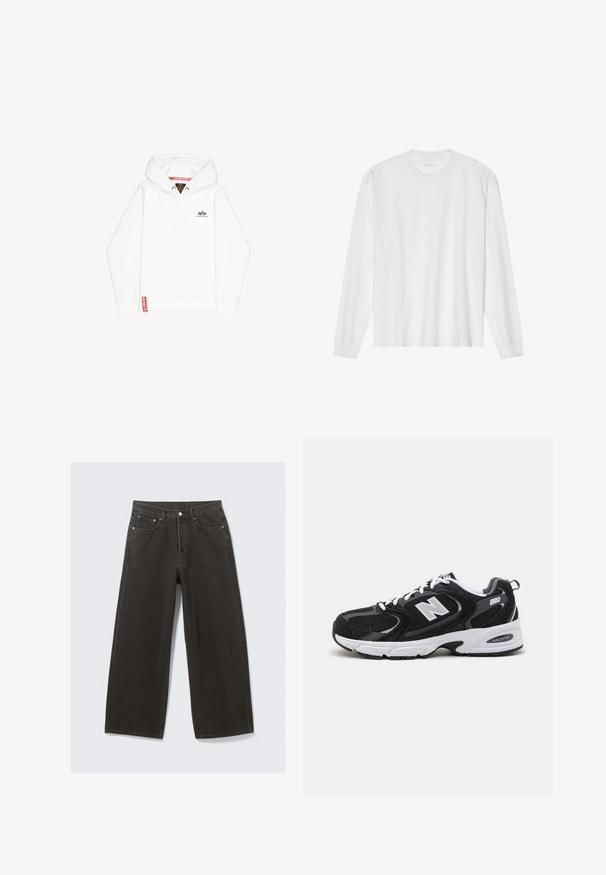 Sweatshirt à capuche blanche avec une poche avant, fermeture à cordon et un petit logo noir sur la poitrine. Présente une étiquette rouge sur l'ourlet.; T-shirt blanc en coton à manches longues avec col rond, doté de poignets côtelés et d'un ourlet droit, texture lisse et design minimaliste.; Des jeans en denim noir à jambe large présentent une taille haute, un design à cinq poches et une fermeture à bouton. Le tissu a une finition douce et texturée.; Baskets de sport noires et grises avec un tige en mesh et en suède, présentant une semelle intermédiaire blanche, des lacets et un logo "N" audacieux sur le côté.