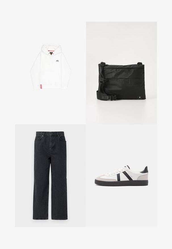 Valge kapuutsiga sweatshird, millel on ees tasku, stardi vöö, ja väike must logo rinnal. Omab punast silt ääres.; Tumed sinised denimbüksid laia jala, viie tasku disaini ja nööpkinni. Sisaldab vasktooni riistvara ja peent tekstuuri.; Valged tossud mustade ja hallide aktsentidega, tekstureeritud halli varbakattega, musta kummitald ja lamedad valged paelad. Puhtad jooned, minimalistlik stiil.; Mustast nailonist kullerikott reguleeritava rihmaga, lame disain ja külgedel asuv logo sildiga. Sile tekstuur ja minimalistlik stiil.