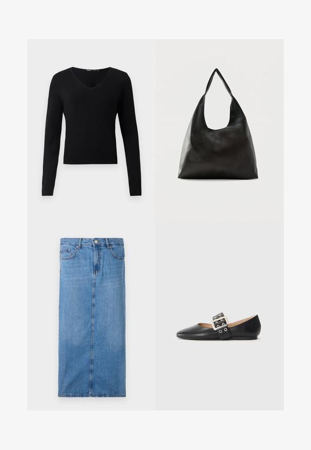 Pull noir ajusté à col en V et manches longues, avec ourlets et poignets côtelés, sur fond gris clair uni.; Jupe midi en denim bleu clair, avec une silhouette droite, une couture frontale, et une taille standard avec cinq passants de ceinture et une fermeture à bouton en métal.; Chaussure plate en cuir noir avec un bout pointu et une bride décorative à boucle équipée de ferrures argentées et de petites découpes.; Sac bandoulière en cuir noir lisse avec une large sangle unique et un design décontracté et minimaliste sur un fond uni.