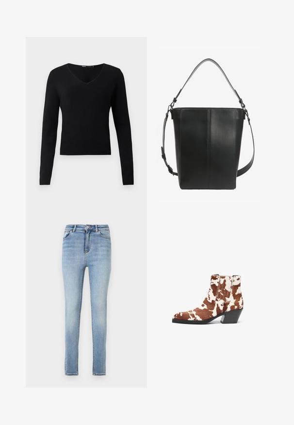 Pull noir ajusté à col en V et manches longues, avec ourlets et poignets côtelés, sur fond gris clair uni.; Jeans skinny en denim bleu clair, présentant une taille haute, une décoloration subtile, un design à cinq poches standard et une fermeture éclair avec bouton.; Boots de cowboy en fausse fourrure brun et blanche, avec un bout pointu et un talon carré moyen. Présente des panneaux élastiques sur les côtés pour un enfilage facile.; Sac seau en cuir noir avec des coutures verticales, une poignée courte et une bandoulière ajustable avec des fermoirs métalliques.