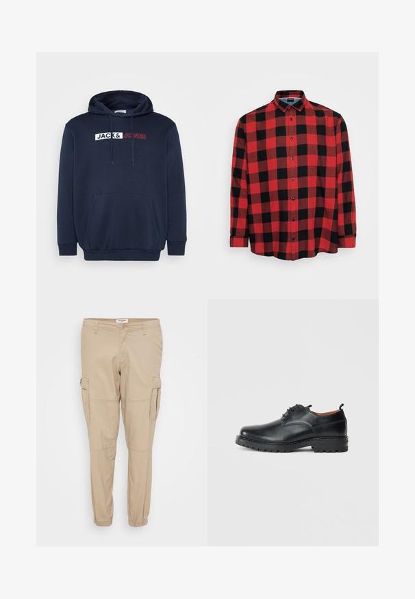 Marineblå hættetrøje med en kengurulomme, snor til hætten og et trykt logo i hvid/rød, der står "JACK & JONES" tværs over brystet.; Rød og sort ternet langærmet skjorte i bomuldsstof, med knap-ned krave, sorte knapper, der har et stort rutet mønster og buet kant.; Beige cargo bukser lavet af letvægtsstof, med tætsiddende ben, elastiske manchetter og sidelommer med klaplukninger til funktionalitet.; Sorte læder derby-sko med en glat overflade, rund tå, snøre-design og en tyk, robust gummisål.