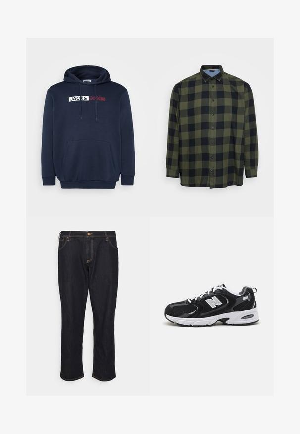 Marineblå hættetrøje med en kengurulomme, snor til hætten og et trykt logo i hvid/rød, der står "JACK & JONES" tværs over brystet.; Grøn- og sortternet skjorte med lange ærmer, knappet foran og klassisk krave. Lavet af letvægtsstof med en glat tekstur.; Jack & Jones JJICHRIS JJORIGINAL - Jeans Relaxed Fit - blue denim; Sorte og grå sportssko med mesh og ruskind på overdelen, der har en hvid mellemsål, snørebånd og et iøjnefaldende "N" logo på siden.