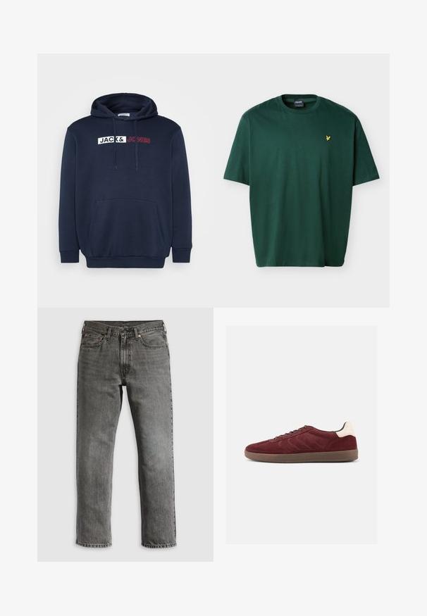 Marineblauer Hoodie mit Kängurutasche, Kapuze mit Kordelzug und einem weiß-roten Drucklogo mit der Aufschrift "JACK & JONES" über der Brust.; Dunkelgrünes Baumwoll-T-Shirt mit kurzen Ärmeln, Rundhalsausschnitt und einem kleinen gelben Vogel-Logo, das auf der linken Brust aufgestickt ist.; Graue Jeans aus Denim mit geradem Bein, ausgestattet mit fünf Taschen, kupfernen Nieten und sichtbaren Nähten. Klassisches Design mit Reißverschluss.; Bordeauxrote Veloursledersneaker mit Schnürung vorne, strukturierten seitlichen Details und hellfarbigem Fersenakzent. Gummisohle mit glatter Oberfläche.