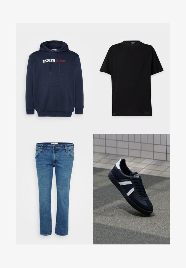 Marineblå hættetrøje med en kengurulomme, snor til hætten og et trykt logo i hvid/rød, der står "JACK & JONES" tværs over brystet.; Ensfarvet sort T-shirt med korte ærmer og rund hals uden synlige logoer eller designs vist mod en lys baggrund.; Mænds blå lige ben jeans med for- og baglommer, bæltestropper og knaplukning, præsenteret på en hvid baggrund.; Sort lædersneaker med hvide striber, tekstureret gummisål og snørrebånd foran. Har et brandet mærke på tungen.