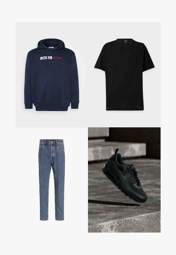 Marineblauer Hoodie mit Kängurutasche, Kapuze mit Kordelzug und einem weiß-roten Drucklogo mit der Aufschrift "JACK & JONES" über der Brust.; Schlichtes schwarzes T-Shirt mit kurzen Ärmeln und Rundhalsausschnitt ohne sichtbare Logos oder Designs, dargestellt vor hellem Hintergrund.; Hellblaue Denim-Jeans mit fünf Taschen, geraden Beinen, Knopfverschluss und Gürtelschlaufen, vor einfachem Hintergrund gezeigt.; Schwarzer Nike Air Max Sneaker schwebt in der Luft über einem strukturierten Betonboden mit Betonstufen im Hintergrund.