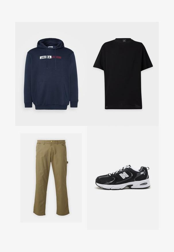 Marineblauer Hoodie mit Kängurutasche, Kapuze mit Kordelzug und einem weiß-roten Drucklogo mit der Aufschrift "JACK & JONES" über der Brust.; Schlichtes schwarzes T-Shirt mit kurzen Ärmeln und Rundhalsausschnitt ohne sichtbare Logos oder Designs, dargestellt vor hellem Hintergrund.; Khakihosen aus glattem Stoff mit Knopfverschluss, Gürtelschlaufen, zwei Fronttaschen und einer Seitentasche im geraden Bein-Design.; Schwarze und graue Sportschuhe mit Obermaterial aus Mesh und Wildleder, ausgestattet mit einer weißen Zwischensohle, Schnürsenkeln und einem markanten "N"-Logo an der Seite.