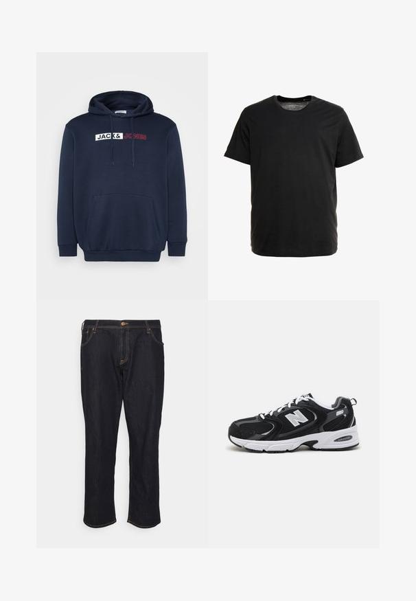 Marineblauer Hoodie mit Kängurutasche, Kapuze mit Kordelzug und einem weiß-roten Drucklogo mit der Aufschrift "JACK & JONES" über der Brust.; Schwarzes Kurzarm-T-Shirt aus weichem Stoff, mit Rundhalsausschnitt und geradem Schnitt, ohne sichtbare Muster oder Grafiken.; Jack & Jones JJICHRIS JJORIGINAL - Jeans Relaxed Fit - blue denim; Schwarze und graue Sportschuhe mit Obermaterial aus Mesh und Wildleder, ausgestattet mit einer weißen Zwischensohle, Schnürsenkeln und einem markanten "N"-Logo an der Seite.