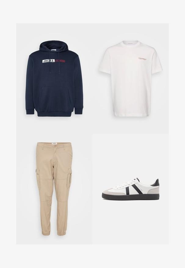 Marineblauwe hoodie met een kangoeroezak, trekkoordcapuchon en een wit/rood bedrukt logo met de tekst "JACK & JONES" over de borst.; Witte katoenen t-shirt met een ronde halslijn. Bevat een klein bruin logo op de linkerkant van de borst. Korte mouwen en een comfortabele pasvorm.; Beige cargobroek gemaakt van lichtgewicht stof, met taps toelopende pijpen, elastische boorden en zijzakken met klepsluitingen voor functionaliteit.; Witte sneaker met zwarte en grijze accenten, voorzien van een grijze neus met textuur, zwarte rubberen zool en platte witte veters. Schoon ontwerp, minimalistische stijl.