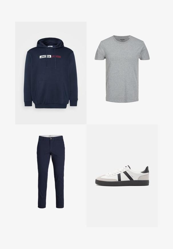 Marineblauer Hoodie mit Kängurutasche, Kapuze mit Kordelzug und einem weiß-roten Drucklogo mit der Aufschrift "JACK & JONES" über der Brust.; Grau T-Shirt mit kurzen Ärmeln aus weicher Baumwolle. Mit klassischem Rundhalsausschnitt und normaler Passform. Einfaches Design ohne Muster oder Akzente.; Dunkelblaue Baumwollhose mit schmaler Passform, ausgestattet mit einem vorderen Knopfverschluss und Gürtelschlaufen. Glatte Textur, keine Muster, klares Design.; Weiße Sneaker mit schwarz- und grau-aczenten, ausgestattet mit einer strukturierten grauen Zehenkappe, schwarzer Gummi-Sohle und flachen weißen Schnürsenkeln. Sauberes Design, minimalistische Stil.