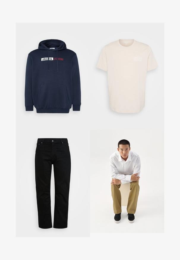 Marineblå hættetrøje med en kengurulomme, snor til hætten og et trykt logo i hvid/rød, der står "JACK & JONES" tværs over brystet.; Lys beige bomulds T-shirt med rund halsudskæring, korte ærmer og et lille hvidt logo på venstre brystområde. Glat tekstur.; Sorte jeans lavet af bomuld, med klassisk snit, fem-lomme design og metalknaplukning. Glat tekstur med lige ben.; Ung mand i hvidt stribet skjorte og khakibukser sidder fremadlænet på en skammel med armene krydset, og ser direkte frem på en hvid baggrund.