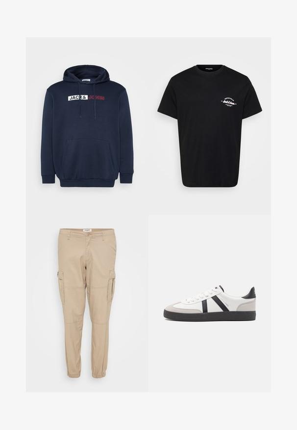 Marineblauer Hoodie mit Kängurutasche, Kapuze mit Kordelzug und einem weiß-roten Drucklogo mit der Aufschrift "JACK & JONES" über der Brust.; Schwarzes Baumwoll-T-Shirt mit Rundhalsausschnitt, kurzen Ärmeln und einem weißen, gedruckten Logo auf der linken Brust. Klassischer Schnitt und glatte Textur.; Beige Cargo-Hosen aus leichtem Stoff, mit schmal zulaufenden Beinen, elastischen Bündchen und Seitentaschen mit Klappenverschluss für ein praktisches Design.; Weiße Sneaker mit schwarz- und grau-aczenten, ausgestattet mit einer strukturierten grauen Zehenkappe, schwarzer Gummi-Sohle und flachen weißen Schnürsenkeln. Sauberes Design, minimalistische Stil.
