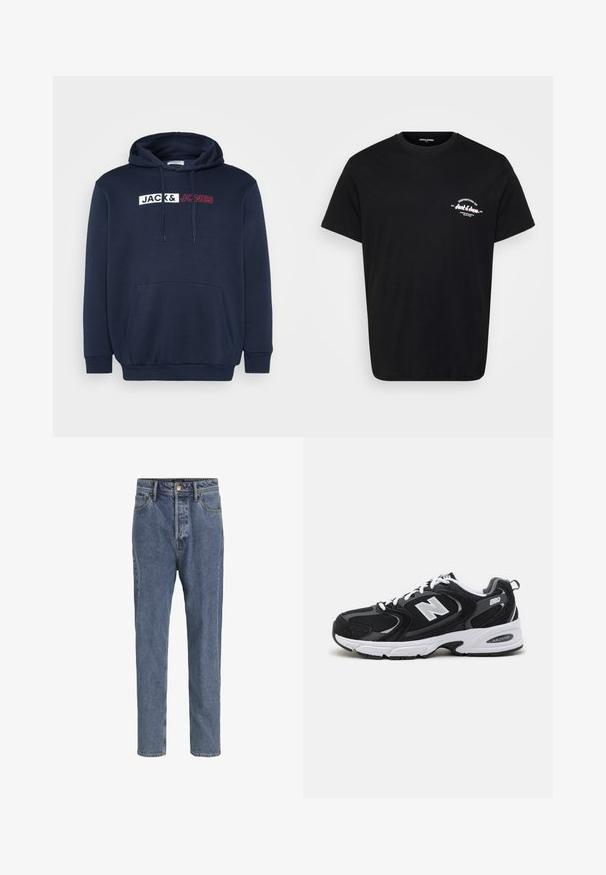 Marineblauwe hoodie met een kangoeroezak, trekkoordcapuchon en een wit/rood bedrukt logo met de tekst "JACK & JONES" over de borst.; Zwart katoenen T-shirt met een ronde hals, korte mouwen en een wit bedrukt logo op de linkerborst. Klassieke pasvorm en een gladde textuur.; Lichtblauwe spijkerbroek met vijf zakken, rechte pijpen, knoopsluiting en riemlussen, getoond tegen een effen achtergrond.; Zwarte en grijze sport schoenen met een bovenwerk van mesh en suede, voorzien van een witte tussenzool, veters en een gedurfde "N"-logo aan de zijkant.