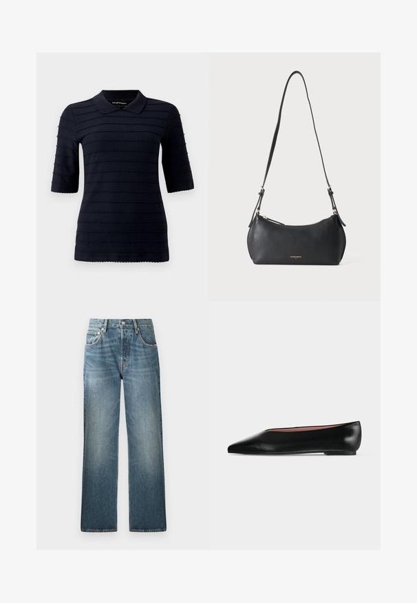 Dunkelblaues Polohemd mit kurzen Ärmeln und einem strukturierten Muster aus erhabenen horizontalen Streifen; verfügt über einen klassischen Kragen und einen wellenförmigen Saum.; Blaue Jeans aus Denim mit geradem Bein, hohem Bund, fünf Taschen und leicht verblasster, strukturierter Optik.; Schwarzer flacher Damenleder-Schuh mit spitzer Kappe und niedrigem Absatz, von der Seite auf einfarbigem hellgrauem Hintergrund gezeigt.; Kleine schwarze Lederschultertasche mit verstellbarem Riemen und goldenem Reißverschluss, mit dezentem goldenem Markenschriftzug vorne.