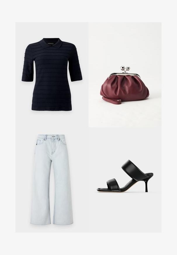 Polo shirt bleu marine à manches courtes avec un motif texturé de rayures horizontales en relief ; présente un col classique et un ourlet en pointes.; Jean léger bleu clair avec une coupe large, fabriqué en denim. Comprend un style à cinq poches, des passants de ceinture et une fermeture à bouton.; Sandale mule en cuir noir avec deux larges brides et un talon stiletto fin de hauteur moyenne sur un fond clair uni.; Petit sac pochette en cuir bordeaux avec fermoir métallique argenté et bracelet sur fond blanc.