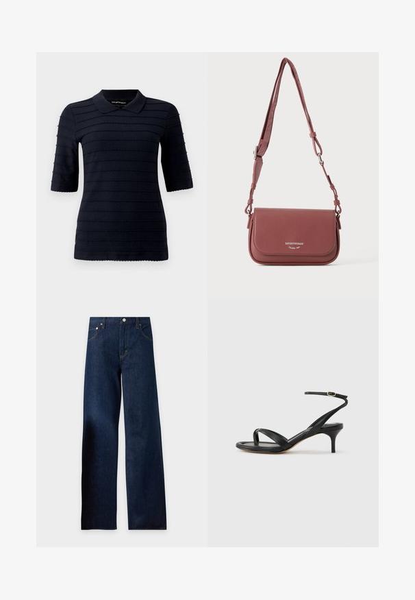 Dunkelblaues Polohemd mit kurzen Ärmeln und einem strukturierten Muster aus erhabenen horizontalen Streifen; verfügt über einen klassischen Kragen und einen wellenförmigen Saum.; Dunkelblaue Jeans mit weitem Bein, Fronttaschen, Gürtelschlaufen und einem Knopfverschluss an der Taille, dargestellt auf hellem Hintergrund.; Schwarze Ledersandale für Damen mit dünnen Riemchen, einer Zehenlasche, einer Knöchelschnalle und einem mittelhohen Stöckelabsatz vor neutralem Hintergrund.; Kleine strukturierte mauve Leder-Umhängetasche mit verstellbarem Riemen und Klappverschluss mit eingeprägtem silbernem Markenlogo.
