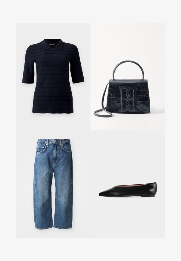 Dunkelblaues Polohemd mit kurzen Ärmeln und einem strukturierten Muster aus erhabenen horizontalen Streifen; verfügt über einen klassischen Kragen und einen wellenförmigen Saum.; Blaue Denim-Jeans im lockeren, weiten Design, mit frontalen Taschen, einem Knopf- und Reißverschluss sowie dezentem Verblassen an den Knien.; Schwarzer flacher Damenleder-Schuh mit spitzer Kappe und niedrigem Absatz, von der Seite auf einfarbigem hellgrauem Hintergrund gezeigt.; Schwarze Handtasche aus Krokodilprägung mit strukturiertem Design, Oberhandgriff, verstellbarem Tragegurt und einem auffälligen Logo-Detail auf der Vorderseite.