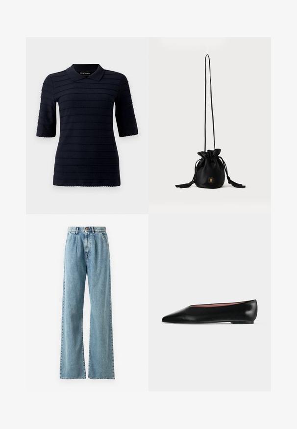 Dunkelblaues Polohemd mit kurzen Ärmeln und einem strukturierten Muster aus erhabenen horizontalen Streifen; verfügt über einen klassischen Kragen und einen wellenförmigen Saum.; Helle blaue hochgeschnittene weite Jeans aus Denim, mit Knopfverschluss, ausgeprägten Falten und genähten Taschen.; Schwarzer flacher Damenleder-Schuh mit spitzer Kappe und niedrigem Absatz, von der Seite auf einfarbigem hellgrauem Hintergrund gezeigt.; Schwarze Bucket Bag mit Kordelzug, langem dünnem Riemen und kleinem goldenem quadratischem Logo vorne, vor einfachem Hintergrund präsentiert.