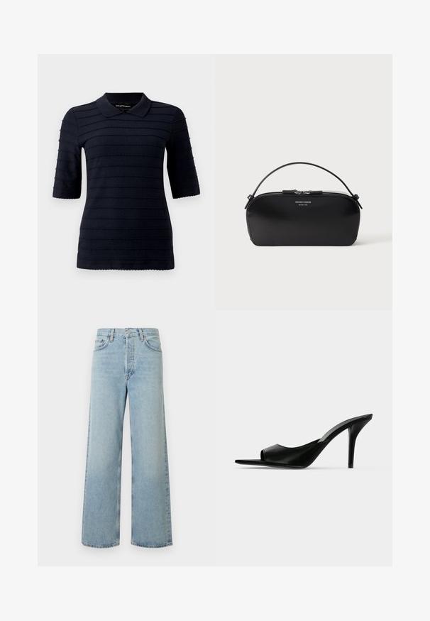 Dunkelblaues Polohemd mit kurzen Ärmeln und einem strukturierten Muster aus erhabenen horizontalen Streifen; verfügt über einen klassischen Kragen und einen wellenförmigen Saum.; Hellblaue Jeans mit weitem Bein aus Denim-Stoff mit hoher Taille. Verfügt über fünf Taschen, einen Knopfverschluss und eine dezente verwaschene Textur.; Schwarzer Leder-Pantolette mit offenem Zehenbereich und hohem, schlankem Stiletto-Absatz, im Seitenprofil vor neutralem Hintergrund gezeigt.; Schwarze Leder-Armbandtasche mit silbernem Reißverschluss und kurzem Griff, geprägtes Emporio Armani Milano 1981-Logo auf der Vorderseite.