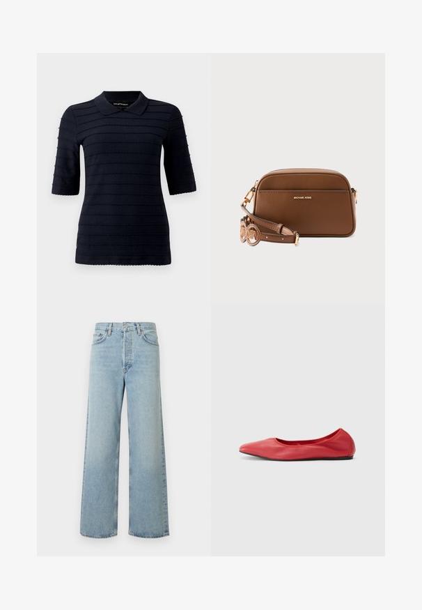 Polo shirt bleu marine à manches courtes avec un motif texturé de rayures horizontales en relief ; présente un col classique et un ourlet en pointes.; Jean large coupe pattes d'éléphant bleu clair en tissu denim avec une taille haute. Comprend cinq poches, une fermeture à bouton, et une texture subtilement délavée.; Filippa K REY FLATS - Ballerines - bright red; Sac bandoulière en cuir marron avec ferrures dorées, bords arrondis et une sangle ajustable comportant des accents de design à découpes circulaires.