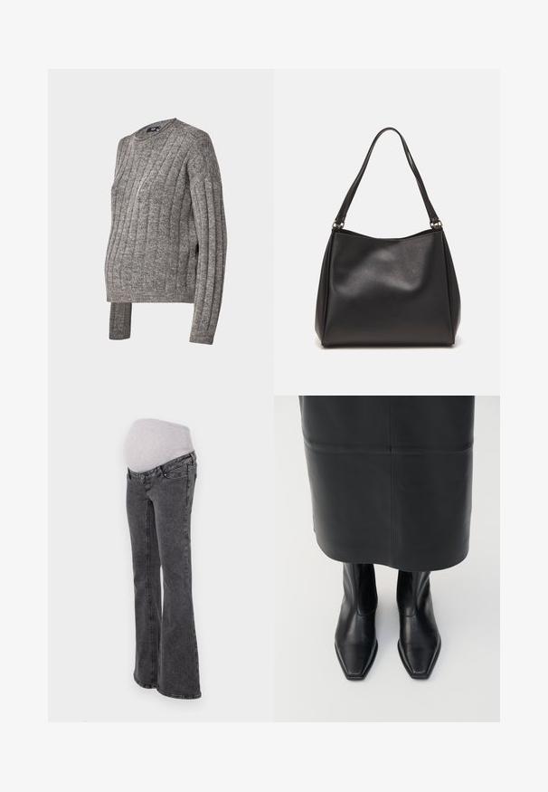 Grijze ribgebreide trui met een ronde halslijn en lange mouwen, met zijsplitten aan de zoom voor extra comfort en pasvorm.; Zwangerschapsjeans met een fitted grijze elastische tailleband, uitlopende pijpen en een donkergrijze denimafwerking, voorzien van standaard stiksels en zakken.; Zwarte leren hoge enkellaarsjes met een vierkante neus en een ritssluiting aan de zijkant. Glad textuur en minimale hardware; gecombineerd met een zwarte leren rok.; Zwarte synthetische leren handtas met een zachte textuur, hobo-vorm en dubbele schouderbanden; heeft een glanzende afwerking en een minimalistisch ontwerp.