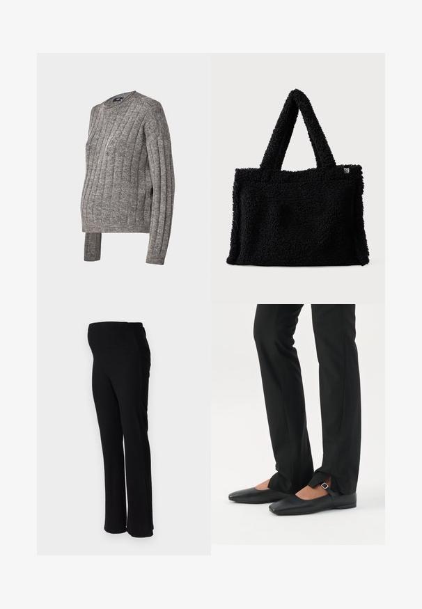 Harmaa ribbed neulepusero, jossa on pyöreä pääntie ja pitkät hihat. Hieman sivureikiä helmassa lisäämään mukavuutta ja istuvuutta.; ONLY MATERNITY OLMHALLE - Housut - black; Jalat mustissa kapeissa housuissa, joissa edessä halkiot lahkeen helmassa, yhdistettynä mustiin Mary Jane -tasapohjakenkiin, joissa on pieni solkiläppä.; Musta tekoturkistote-laukku, jossa on pehmeä pinta, lyhyet kahvat ja suorakulmainen muoto. Yhdellä sivulla on pieni logolappu.