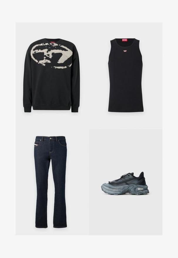 Sweat-shirt noir en coton, avec un grand logo abstrait beige sur le devant. Col rond classique et poignets côtelés.; Débardeur noir sans manches Diesel avec petit logo rouge et blanc sur la poitrine et étiquette rouge Diesel à l'intérieur du col.; Jean en denim bleu marine à coupe droite, avec des coutures orange, une fermeture à bouton en métal et un petit logo sur la poche arrière.; Baskets Diesel noires et grises avec semelle épaisse, système de laçage à bascule et design texturé sur fond gris clair uni.