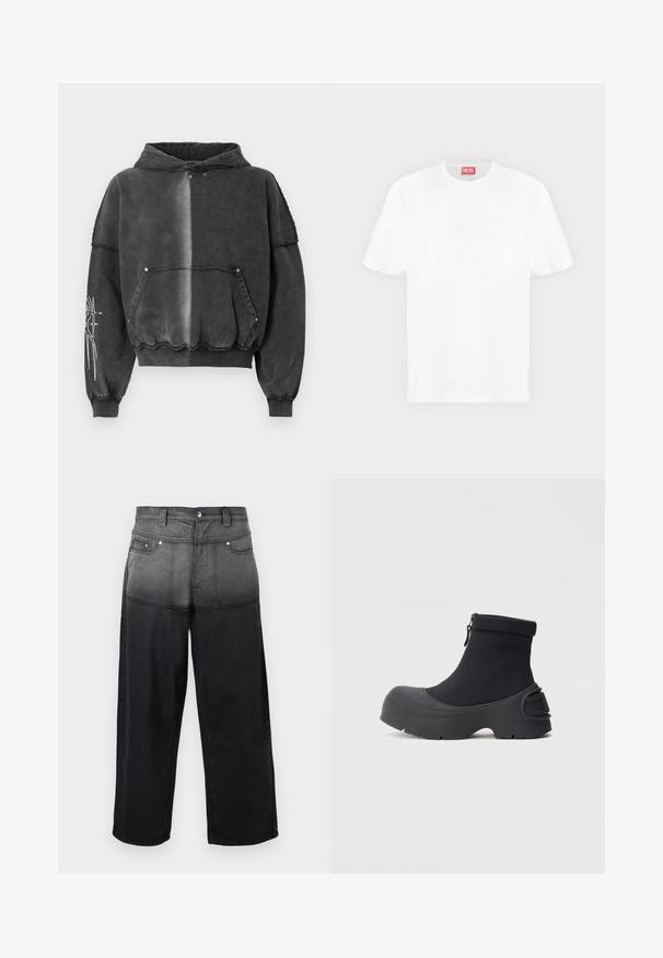 Sweat à capuche noir surdimensionné avec un effet dégradé, comprenant une poche frontale, des poignets côtelés et un motif graphique détaillé sur la manche. Matière douce.; T-shirt blanc à manches courtes et col rond avec un petit logo blanc en relief sur la poitrine gauche et une étiquette rouge de la marque Diesel à l’intérieur du col.; Jean taille haute à jambes larges avec une partie supérieure grise délavée se fondant en noir uni sur les jambes inférieures, doté de poches avant et de passants pour ceinture.; Bottes basses imperméables noires avec tige lisse et extensible, semelle en caoutchouc moulée et fermeture éclair latérale ; design distinct avec embout large et arrondi.