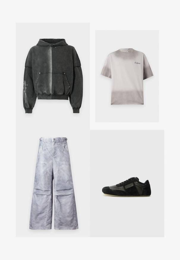 Sweat à capuche noir surdimensionné avec un effet dégradé, comprenant une poche frontale, des poignets côtelés et un motif graphique détaillé sur la manche. Matière douce.; T-shirt gris clair à manches courtes avec un dégradé gris plus foncé en haut et en bas, petit logo texte noir sur la poitrine gauche.; Pantalon gris clair à jambes larges avec poches avant, passants de ceinture et sangles latérales réglables, présenté sur un fond uni.; Baskets noires en suède et cuir. Présentent un profile bas, un bout arrondi, un design à lacets et des accents texturés. Les semelles ont une texture antidérapante.
