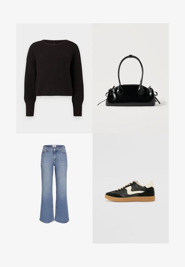Pull en maille noire avec une texture côtelée, en col bateau et à manches longues. Design court avec des poignets ajustés.; Jean en denim bleu clair taille haute avec jambes évasées et fermeture à boutons à l'avant.; Baskets en daim et cuir noir avec un swoosh latéral crème et un talon crème clair. Dotées de lacets beige et d'une semelle en caoutchouc gomme.; Petit sac à main noir brillant avec deux longues anses et des détails à cordon sur les côtés sur un fond clair uni.