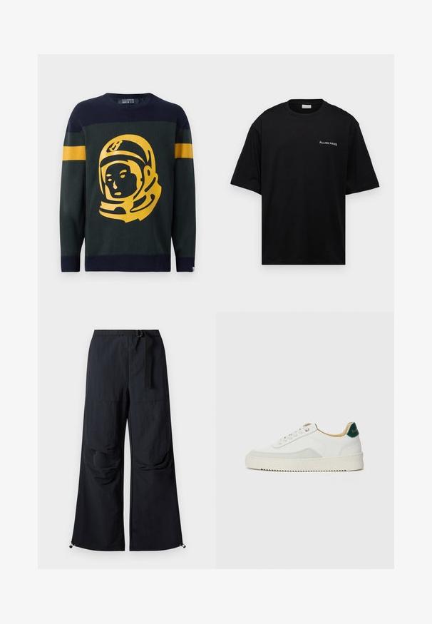Strikket sweater i mørkegrøn og marineblå. Har en iøjnefaldende gul astronautgrafik på fronten, med stribede detaljer på ærmerne.; Sort bomulds t-shirt med en afslappet pasform, korte ærmer og et hvidt "FILLING PIECES" logo på venstre bryst. Glat tekstur.; Sorte bukser med vide ben lavet af letvægtstof. Har bælte, to store sidelommer og justerbare kanter med snorlås.; Hvide sneakers med ruskindsdetaljer, rund tå, flade snørebånd og en cremet gummisål. Har grøn branding på hælen.