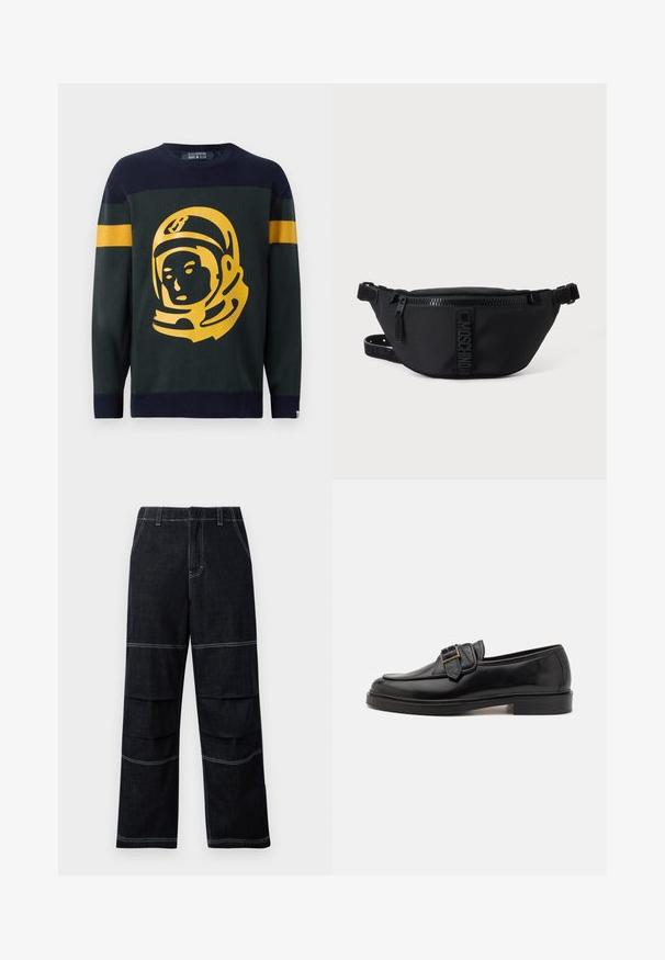 Pull en tricot vert foncé et marine. Il présente un graphique audacieux d'astronaute jaune à l'avant, avec des accents rayés sur les manches.; Pantalons en denim foncé à jambes larges et taille haute, dotés de coutures contrastantes et de poches superposées sur les cuisses.; Mocassins en cuir noir avec un bout arrondi et une boucle décorative. Talon plat, solide et texture lisse sur l'ensemble.; Sac banane noir Moschino avec fermeture éclair frontale et sangle ajustable sur un fond uni clair.