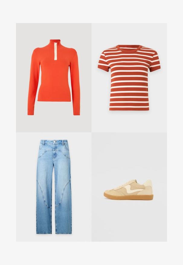 Haut orange à manches longues avec un col montant et un détail de fermeture éclair blanc. Le tissu est lisse et ajusté, offrant un design élégant et minimaliste.; T-shirt rayé en tissu côtelé, présentant des rayures horizontales rouges et blanches, un col rond et des manches courtes.; Jean droit en denim bleu clair avec des détails uniques de coutures courbes à l'avant et un style classique à cinq poches.; Sneaker beige avec des matériaux en daim et en maille, forme arrondie, col rembourré proéminent et semelle en caoutchouc gomme. Présente un accent de design en forme de vague.