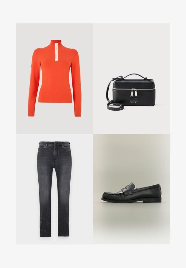 Haut orange à manches longues avec un col montant et un détail de fermeture éclair blanc. Le tissu est lisse et ajusté, offrant un design élégant et minimaliste.; Jean en denim gris foncé avec une coupe droite, doté d'une fermeture à bouton, de cinq poches et de détails légèrement délavés sur le tissu.; Mocassin penny en cuir noir avec détail plissé au bout et talon bas empilé, vu de côté sur un fond neutre.; Sac bandoulière rectangulaire en cuir noir avec double fermeture éclair argentée et bandoulière réglable, présentant le logo Emporio Armani et le texte Milano 1981.