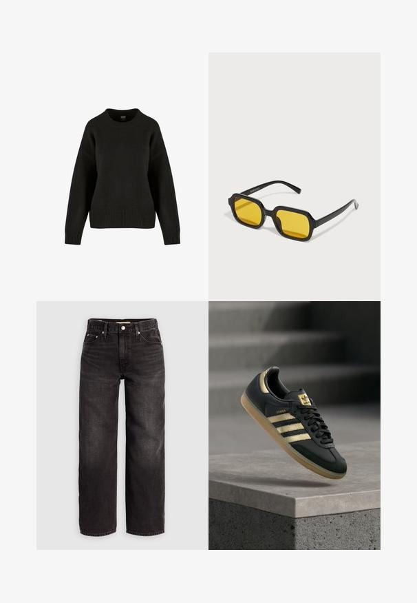 Suéter negro de punto con cuello redondo, hombros caídos y dobladillo acanalado. La tela tiene una textura suave y un corte holgado.; Levi's® BAGGY DAD - Vaqueros baggy - shrink up; Zapatilla Adidas Samba negra con rayas doradas y suela de goma flotando sobre una superficie de hormigón con escaleras desenfocadas en el fondo.; Gafas de sol negras rectangulares con lentes amarillos. Presentan montura gruesa y un diseño angular con un acabado liso y brillante.