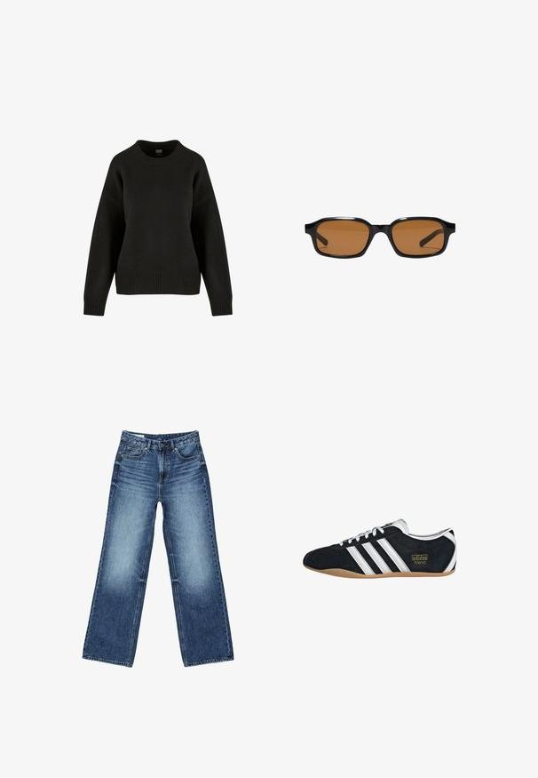 Pull en tricot noir avec un col rond, des épaules tombantes et un ourlet côtelé. Le tissu a une texture douce et une coupe décontractée.; Jean denim bleu à jambes larges avec poches avant et poche monnaie, fermeture à boutons, et lavage délavé sur les cuisses et les genoux.; Sneakers en suede noir avec trois bandes blanches, logo doré et semelle en caoutchouc marron. Présente un design à lacets à profil bas.; Lunettes de soleil rectangulaires noires avec des montures épaisses et des verres teintés marron, vues de face sur un fond blanc.