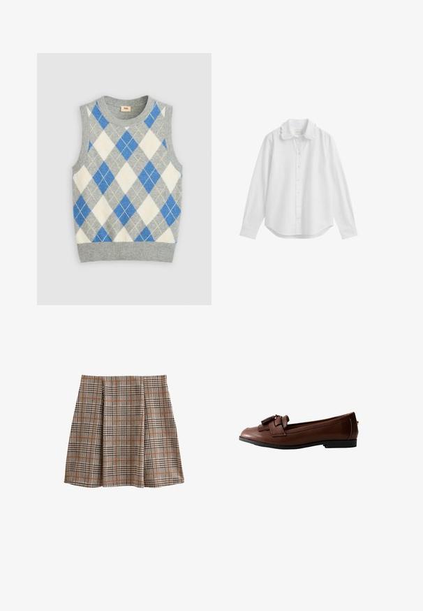 Grå ærmeløs sweater med et argyle mønster i blå, hvid og gul. Har en rund halsudskæring og ribbet kant. Fremstillet af blødt stof.; Hvid langærmet skjorte med knapper, med en bølget krave og knappede manchetter, vist på en hvid baggrund.; Ternede nederdel i et vævet stof med beige, sort og orange ternmønstre. A-formet med plisseringer foran for bevægelse.; Brun læder loafers med flad sål, detaljeret med en sløjfe og frynseaccent foran, med en glat tekstur og slank design.