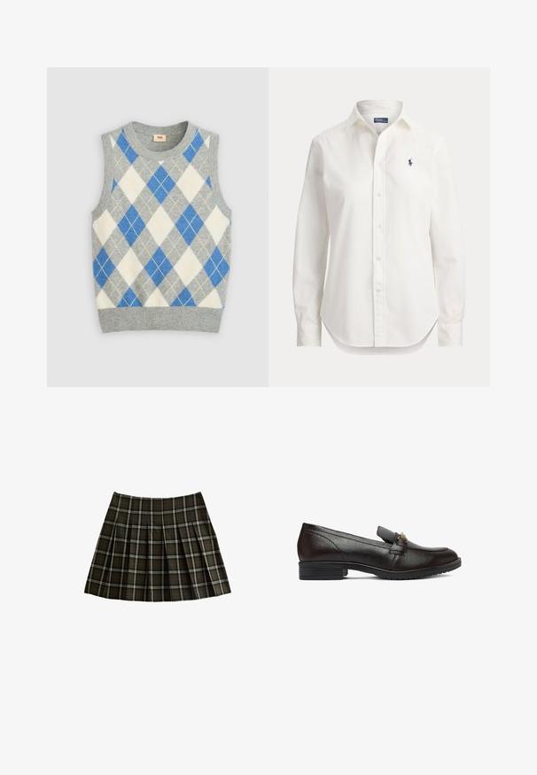 Grå ærmeløs sweater med et argyle mønster i blå, hvid og gul. Har en rund halsudskæring og ribbet kant. Fremstillet af blødt stof.; Hvid langærmet skjorte med knapper, krave og lille blåt logo af en polospiller på venstre bryst.; Rutet miniskørt i mørkegrøn og rød med plisseret design og en glat overflade. Lavet af stof med en blød finish.; Sort læderloafer med lav stakket hæl og metalbit detalje foran, vist fra siden på hvid baggrund.