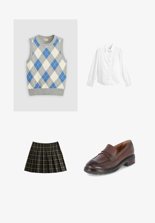 Pull gris sans manches avec un motif argyle bleu, blanc et jaune. Il présente un col rond et un ourlet côtelé. Fabriqué en tissu doux.; Chemise blanche manches longues avec col, sept boutons et poignets ajustés, affichée sur un fond blanc uni.; Jupe mini à carreaux avec des motifs en vert foncé et rouge, design plissé et texture lisse. Fabriquée en tissu avec une finition douce.; Mocassin en cuir marron avec un bout arrondi, une couture supérieure proéminente, une semelle texturée et un petit talon carré. Présente un accent cousu sur le devant.