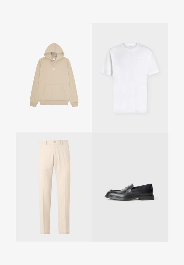 Beige hættetrøje med kængurulomme foran, snøre i hætten, ribbede manchetter og "II" trykt i hvid på brystet.; Enkelt hvid T-shirt med korte ærmer og rund hals med et diskret præget logo på den øverste venstre bryst, vist på en hvid baggrund.; Beige skræddersyede bukser med knaplukning, bæltestropper og forreste presninger, vist på en ensartet lys baggrund.; Sorte læder loafers med en struktureret finish, der har en dekorativ frontrem og en rundet tå. Gummisål for holdbarhed.