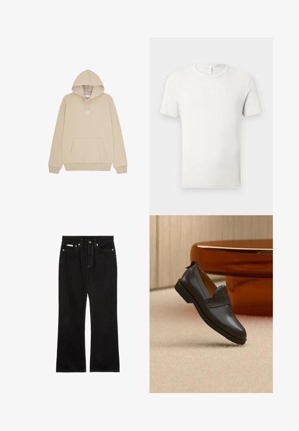 Beige hættetrøje med kængurulomme foran, snøre i hætten, ribbede manchetter og "II" trykt i hvid på brystet.; Hvid kortærmet T-shirt med rund hals lagt fladt på en lysgrå baggrund med en lille stofmærkat ved kraven.; Sorte jeans med lige ben, orange syning, fem lommer, knaplukning og et lille Calvin Klein-mærke på den forreste højre lomme.; Sort læderloafer med lav hæl svævende over beige tæppe ved siden af et blankt ravfarvet bord i et minimalistisk rum.