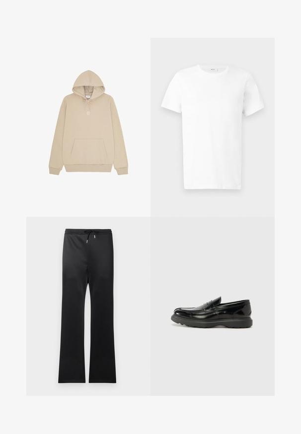 Sweat à capuche beige avec poche kangourou à l'avant, capuche à cordon, poignets côtelés et "II" imprimé en blanc sur la poitrine.; T-shirt en coton blanc uni à manches courtes avec col rond, présenté à plat sur un fond gris clair.; Pantalons de sport noirs avec une taille élastique à cordon, fabriqués en tissu lisse. Design à jambe évasée et apparence minimaliste sans motifs.; Mocassin en cuir noir avec une finition brillante, bout arrondi, détails de couture subtils et semelle en caoutchouc épaisse pour la durabilité.