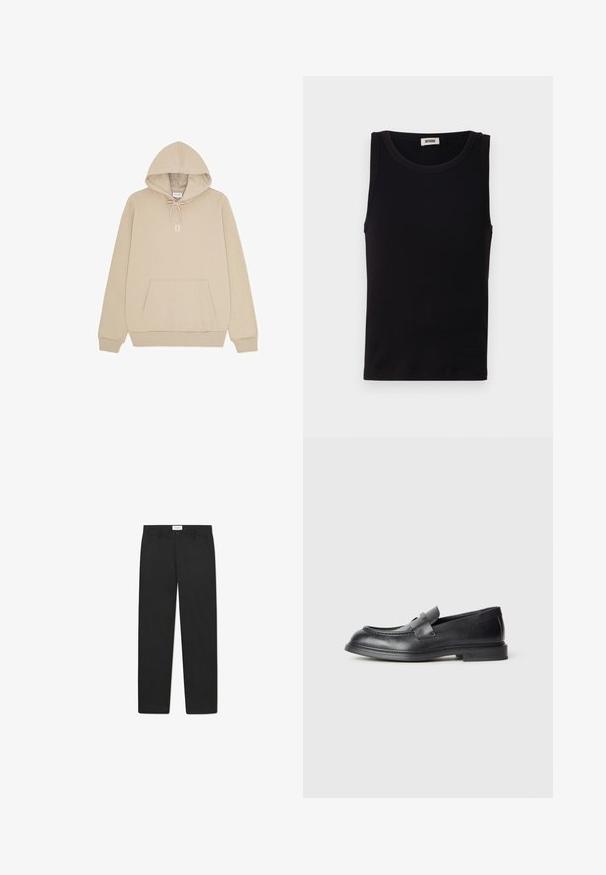 Sweat à capuche beige avec poche kangourou à l'avant, capuche à cordon, poignets côtelés et "II" imprimé en blanc sur la poitrine.; Débardeur noir sans manches en coton doux. Il présente une encolure ronde et une coupe droite, avec des détails de couture minimaux.; Pantalons noirs avec une coupe droite, fabriqués dans un tissu à texture lisse, dotés de deux poches avant et d'une taille standard.; Mocassins en cuir noir avec une finition texturée, dotés d'une bride décorative à l'avant et d'un bout arrondi. Semelle en caoutchouc pour plus de durabilité.
